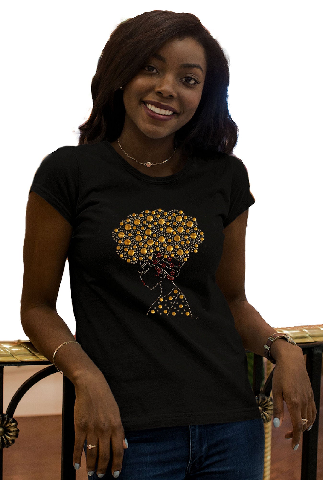 Asha Rhinestone Studded Afro Girl T-Shirt