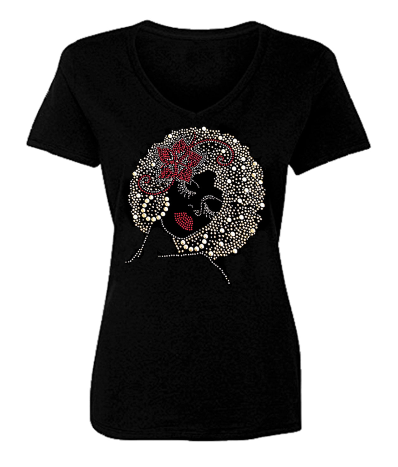 Billie Rhinestone Bling Afro Woman V-Neck T-Shirt