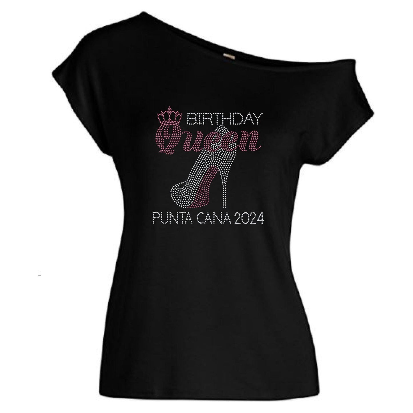 Birthday Queen Personalized Rhinestone Off Shoulder Tee