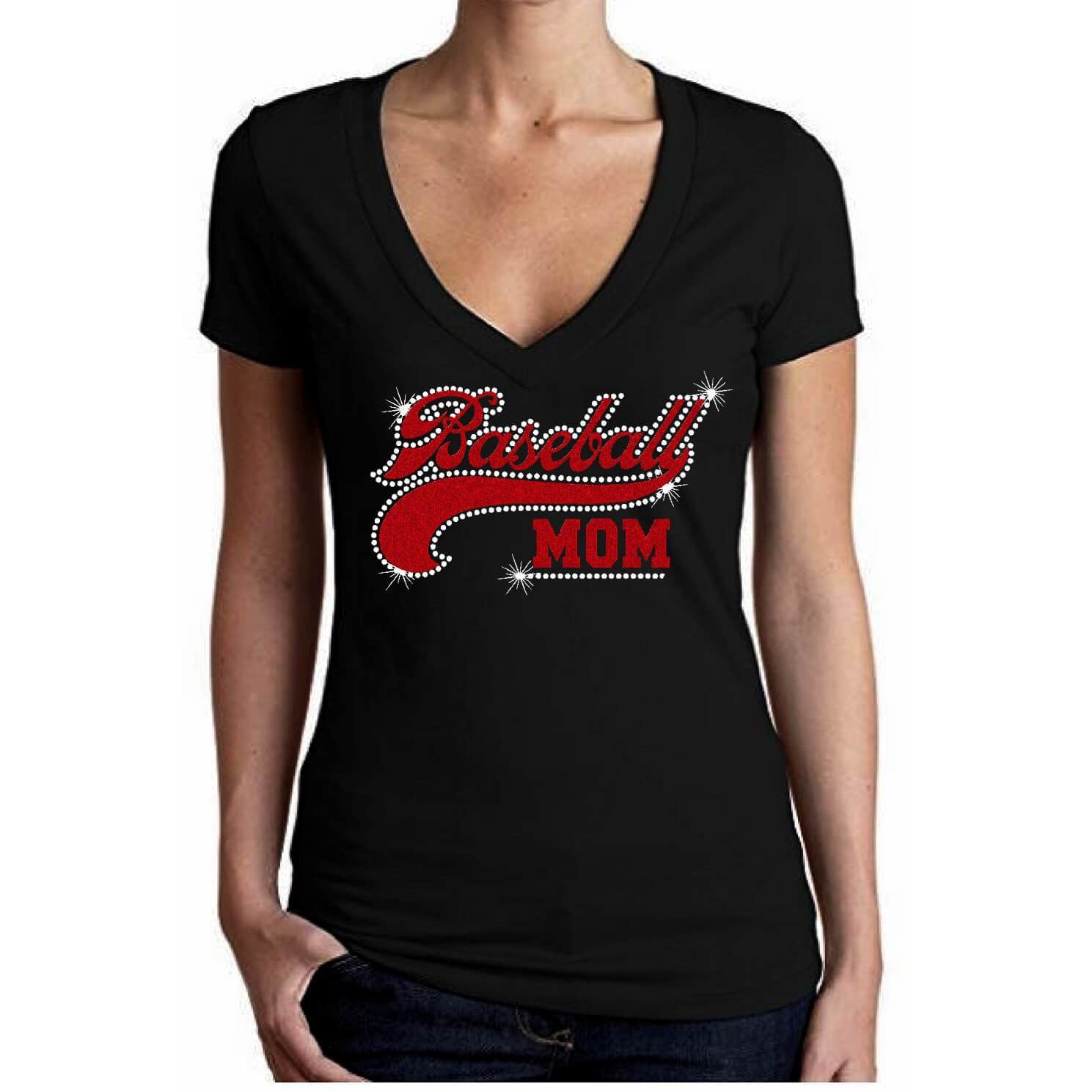 Baseball Mom Rhinestone Glitter T Shirt 2x / White / Crew Neck