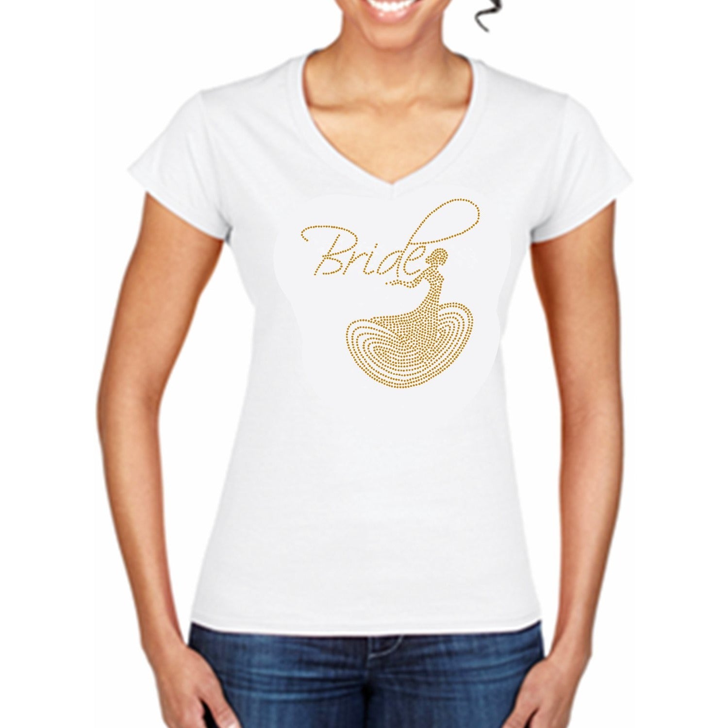 Bride In Wedding Dress Rhinestone T Shirt L / White / Women's Fitted Bride In Wedding Dress Rhinestone T Shirt L / White / Women's Fitted