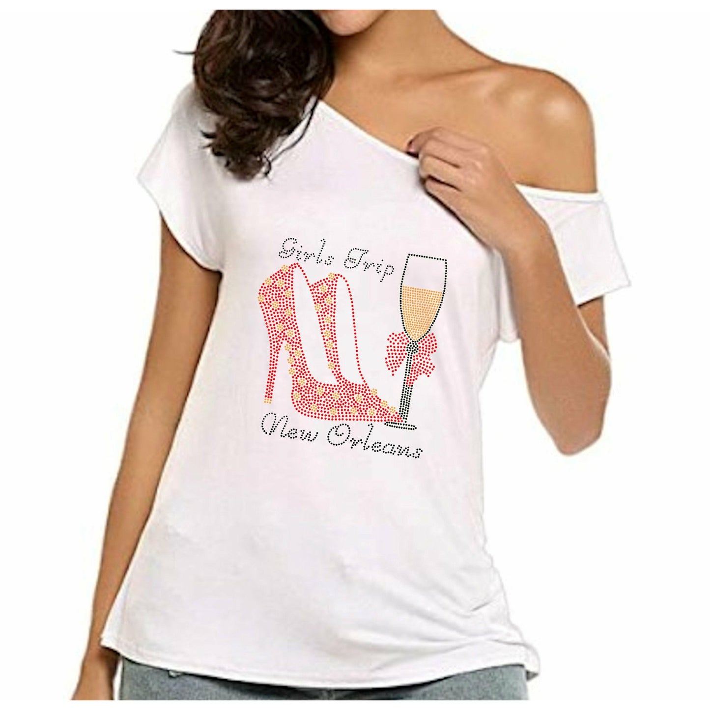 Girls Trip Personalized Rhinestone Off Shoulder Tee