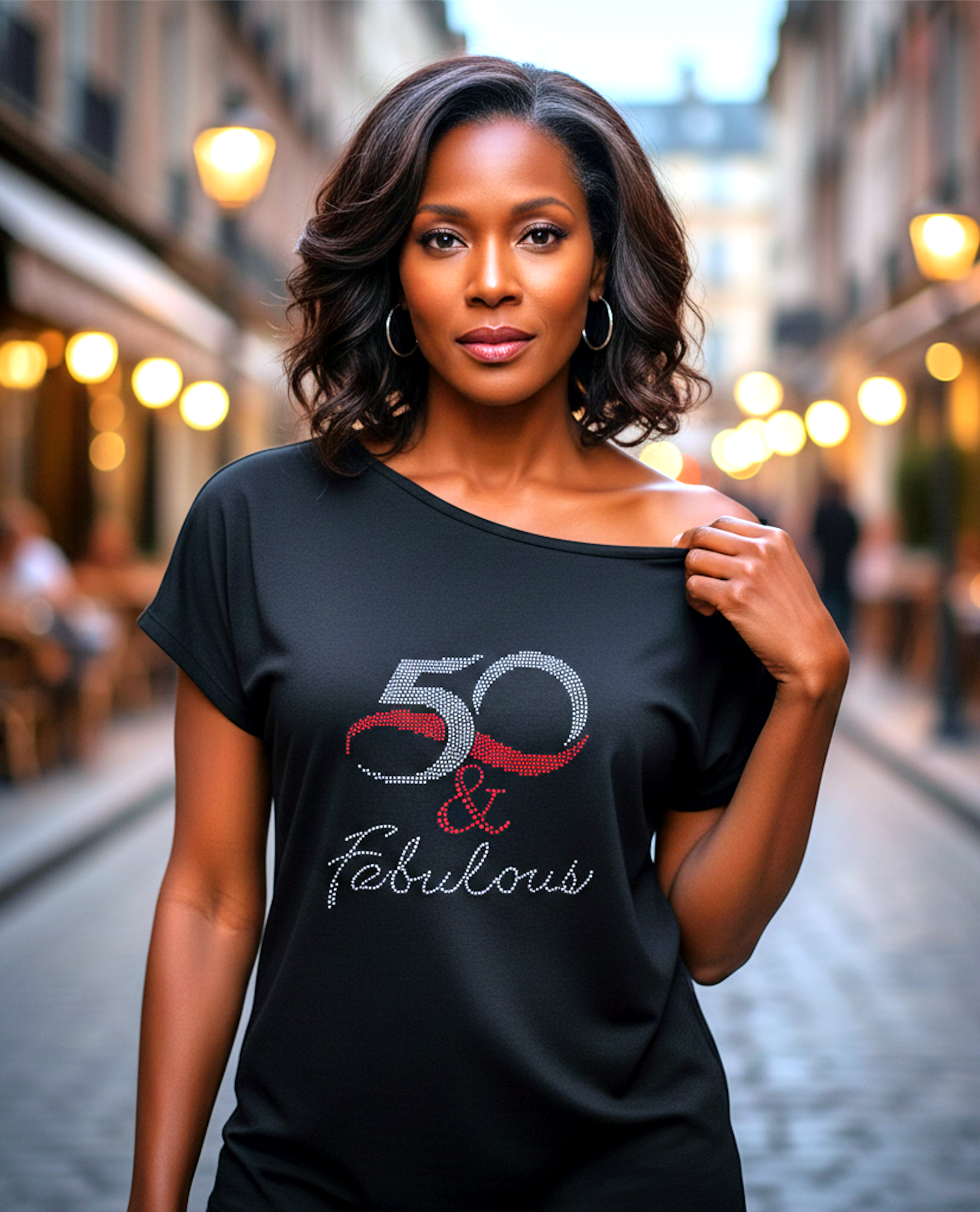 50 And Fabulous Rhinestone Off Shoulder Tee