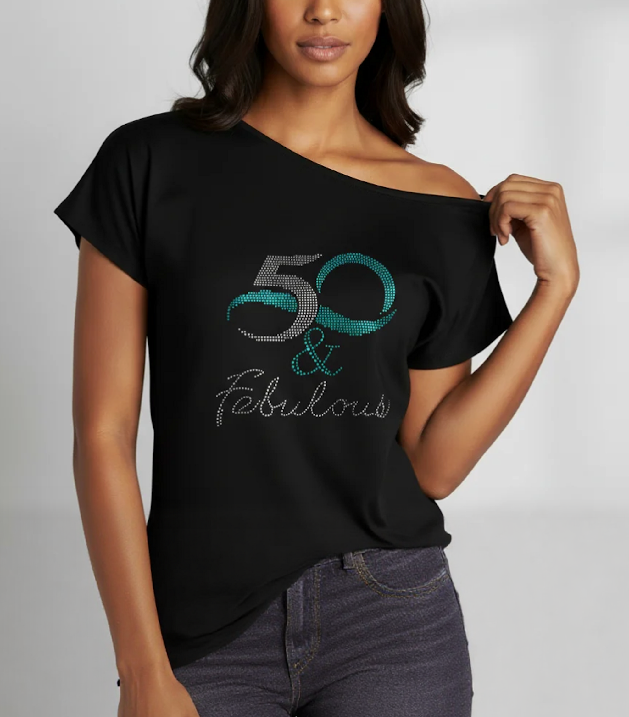 50 And Fabulous Rhinestone Off Shoulder Tee