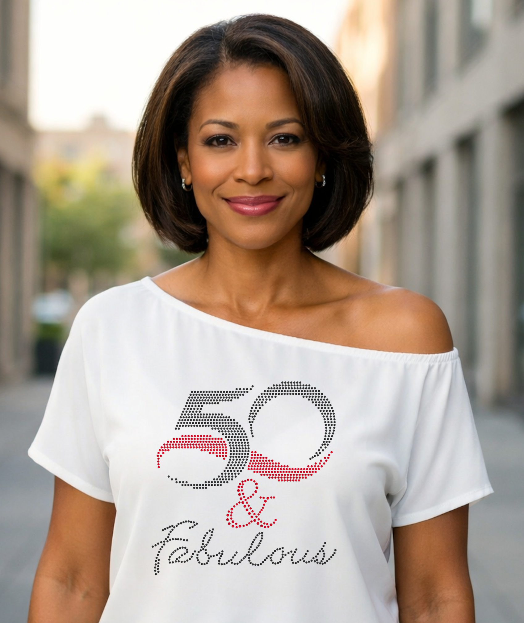 50 And Fabulous Rhinestone Off Shoulder Tee