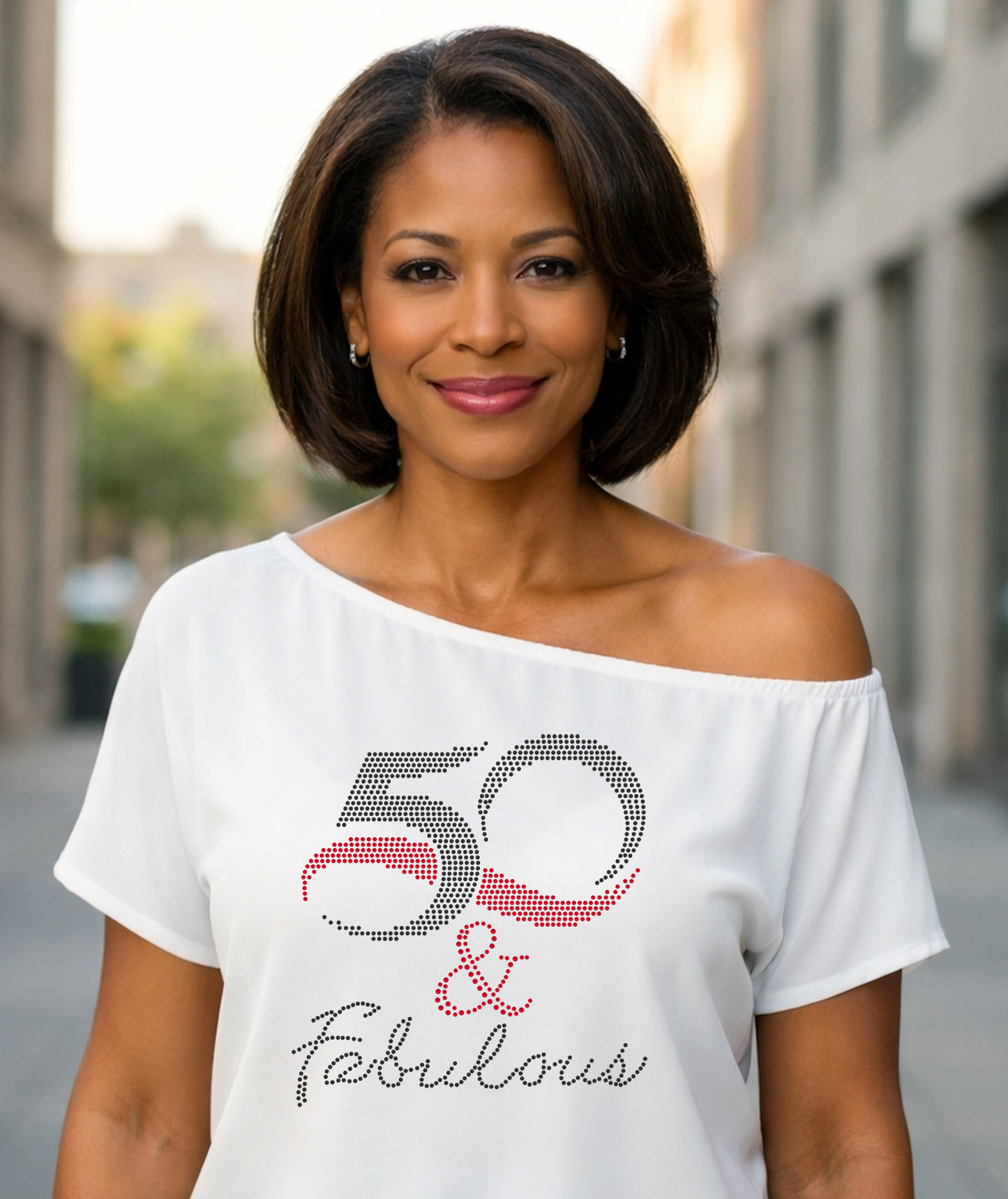 50 And Fabulous Rhinestone Off Shoulder Tee