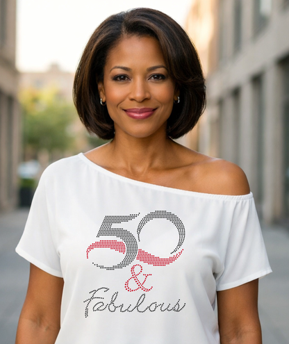 50 And Fabulous Rhinestone Off Shoulder Tee