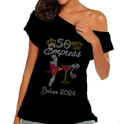 Birth Day Empress Personalized Rhinestone Off Shoulder Tee