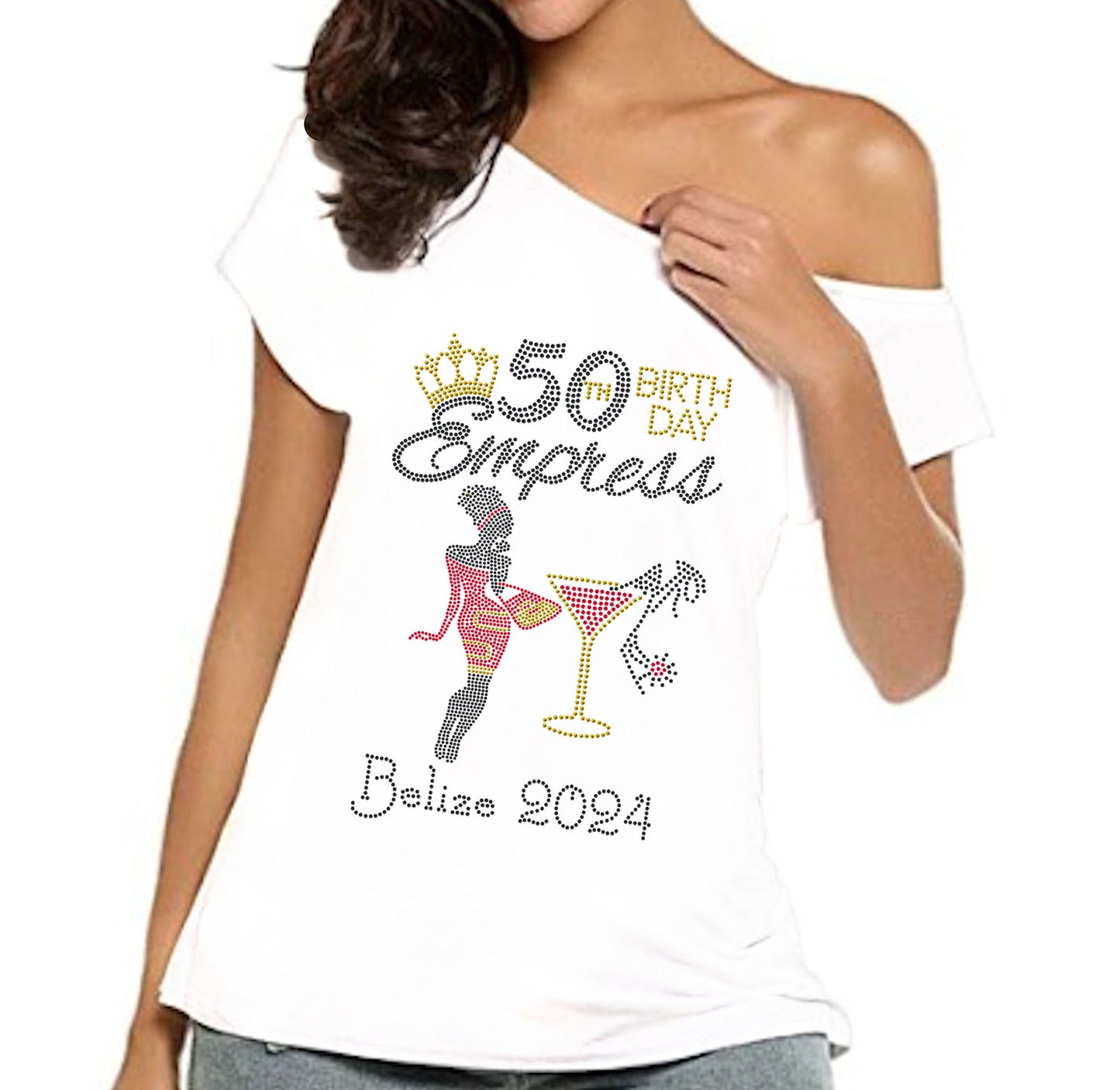 Birth Day Empress Personalized Rhinestone Off Shoulder Tee