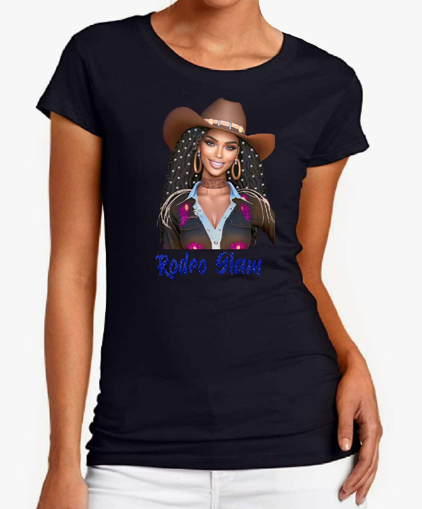Rodeo Glam Black Cowgirl Glitter & Rhinestones T-Shirt