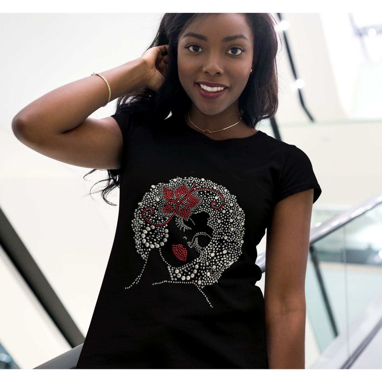 Billie Rhinestone Bling Afro Woman Crew Neck T-Shirt