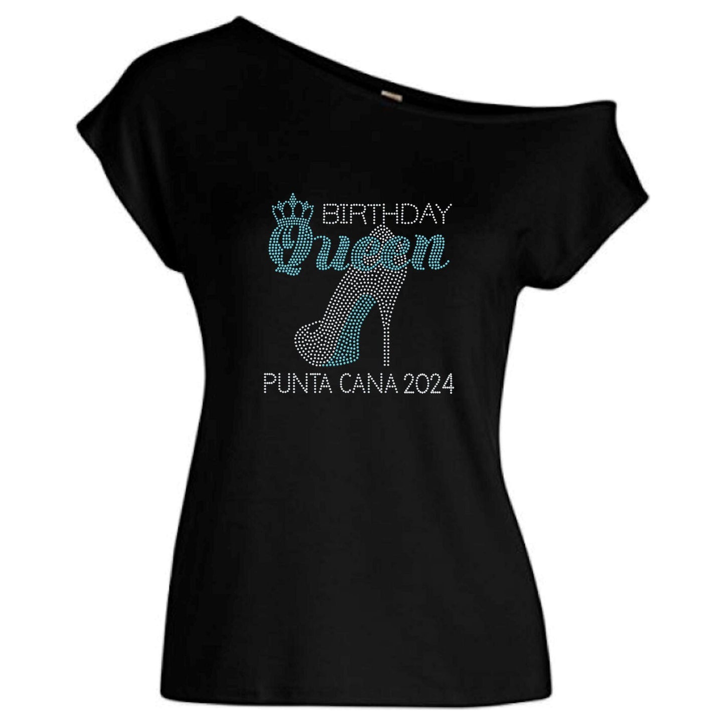 Birthday Queen Personalized Rhinestone Off Shoulder Tee