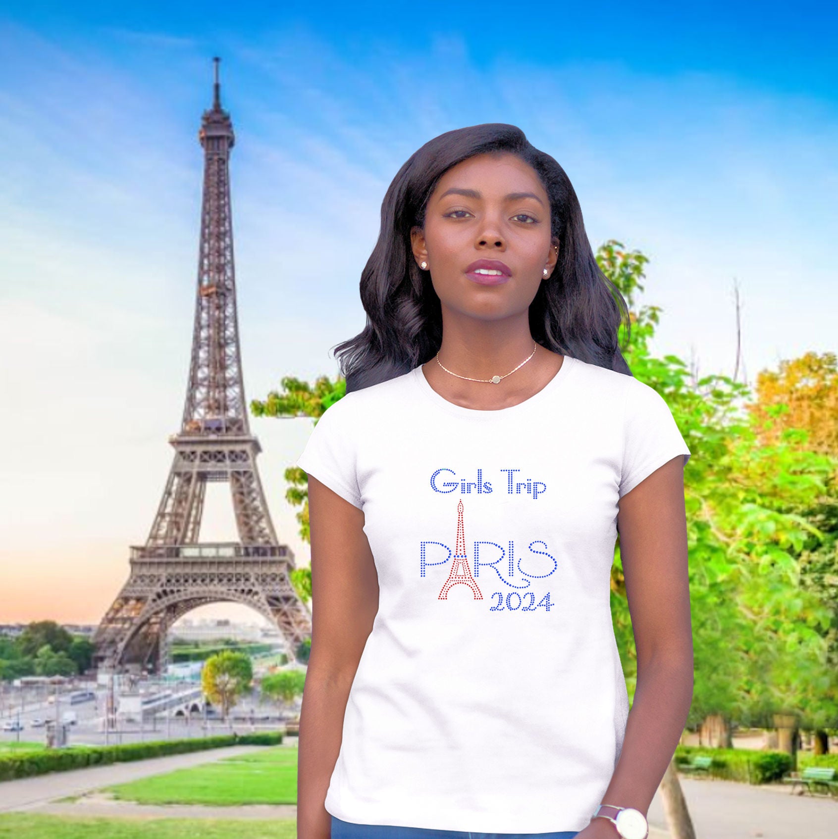 Girls Trip Paris Eiffel Tower Rhinestone T-Shirt
