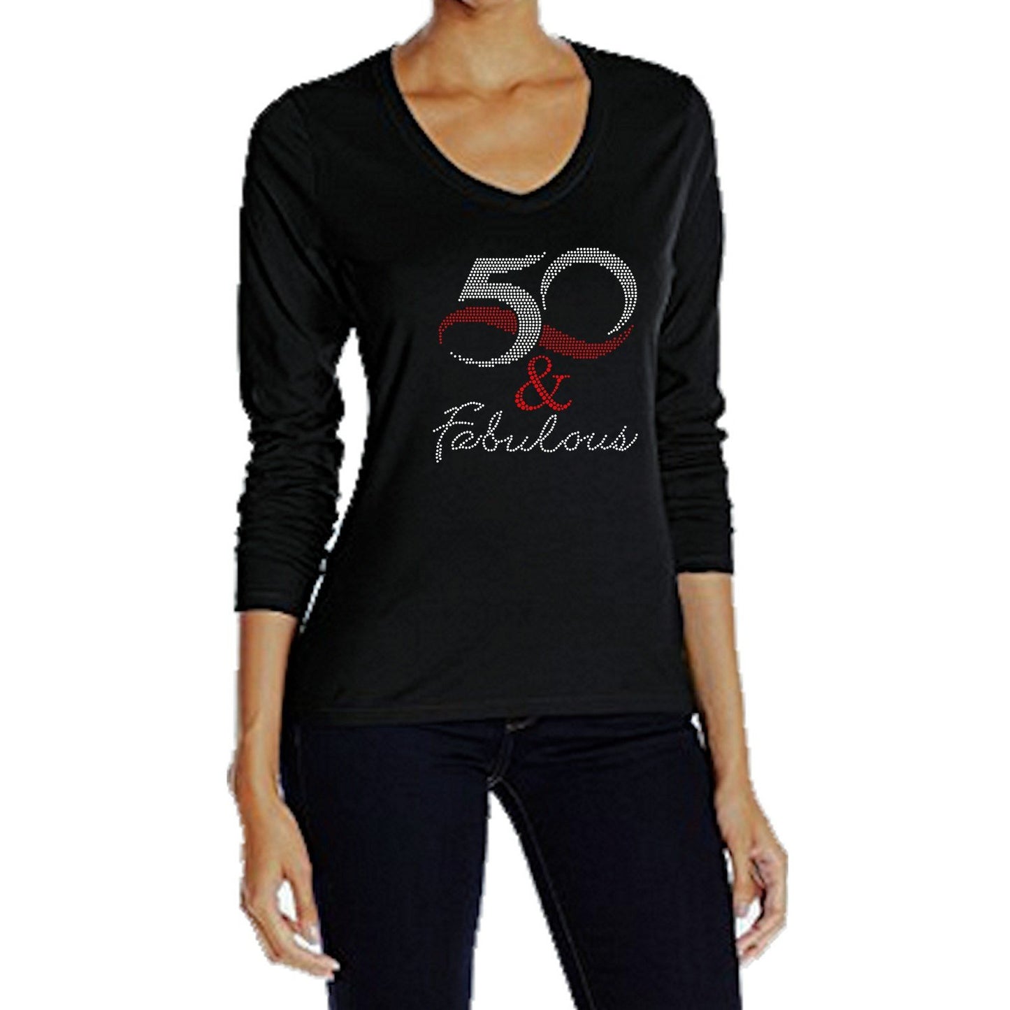 50 And Fabulous Rhinestone Long Sleeve T-Shirt-CO