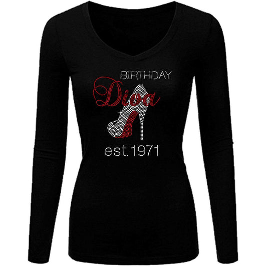 Birthday Diva Personalized Est. 1971 V-Neck Rhinestone T-Shirt
