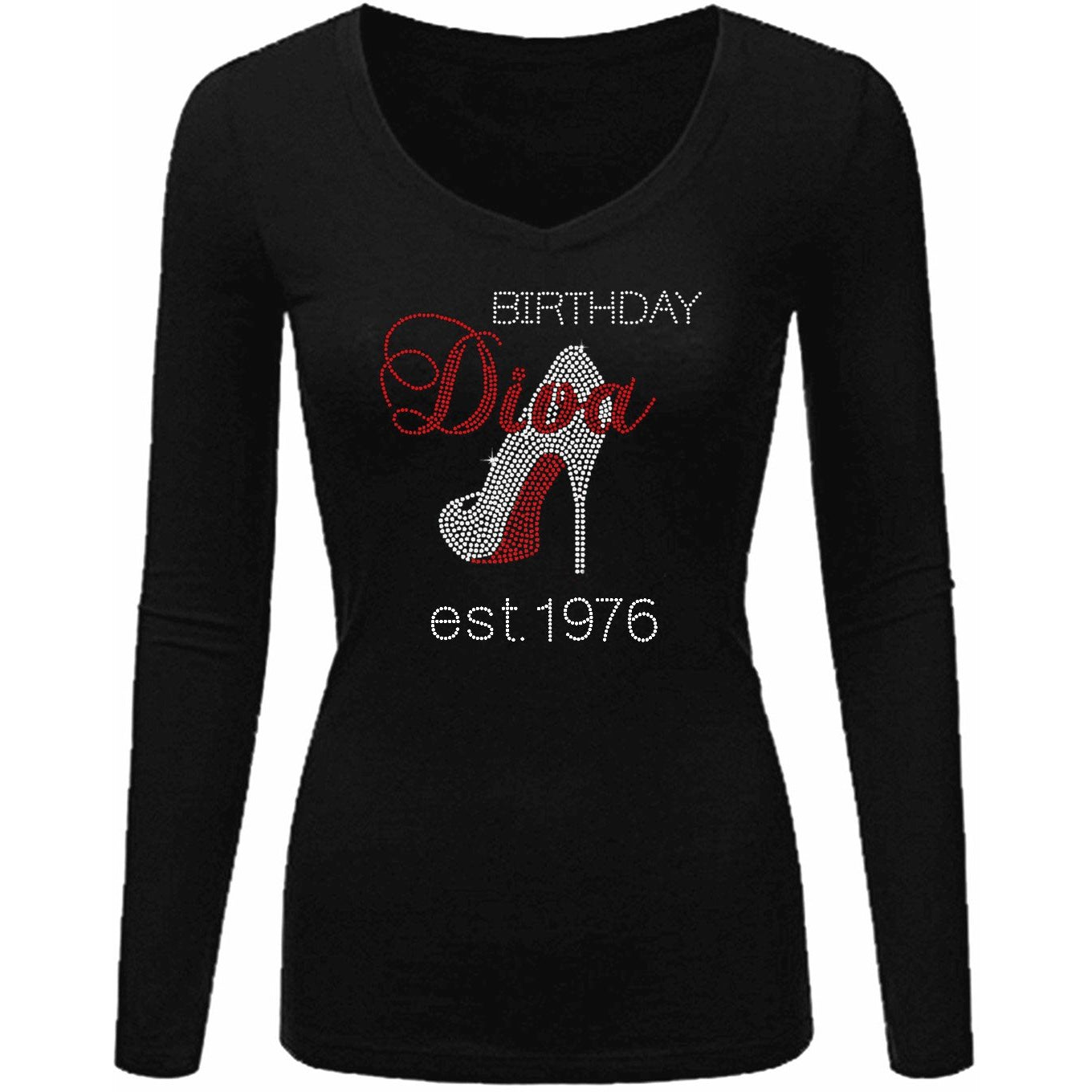Birthday Diva Personalized Est. 1976 V-Neck Rhinestone T-Shirt