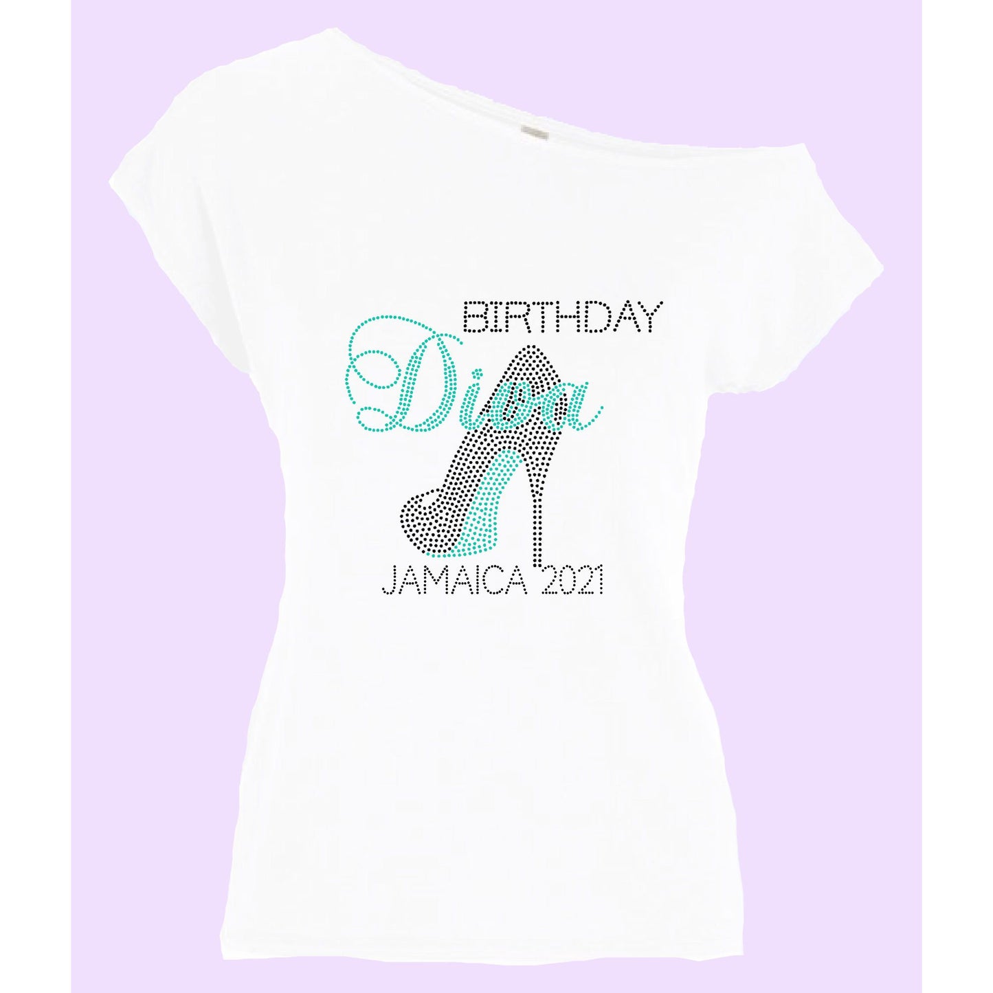 Birthday Diva Personalized City Year Off Shoulder Rhinestone T-Shirt