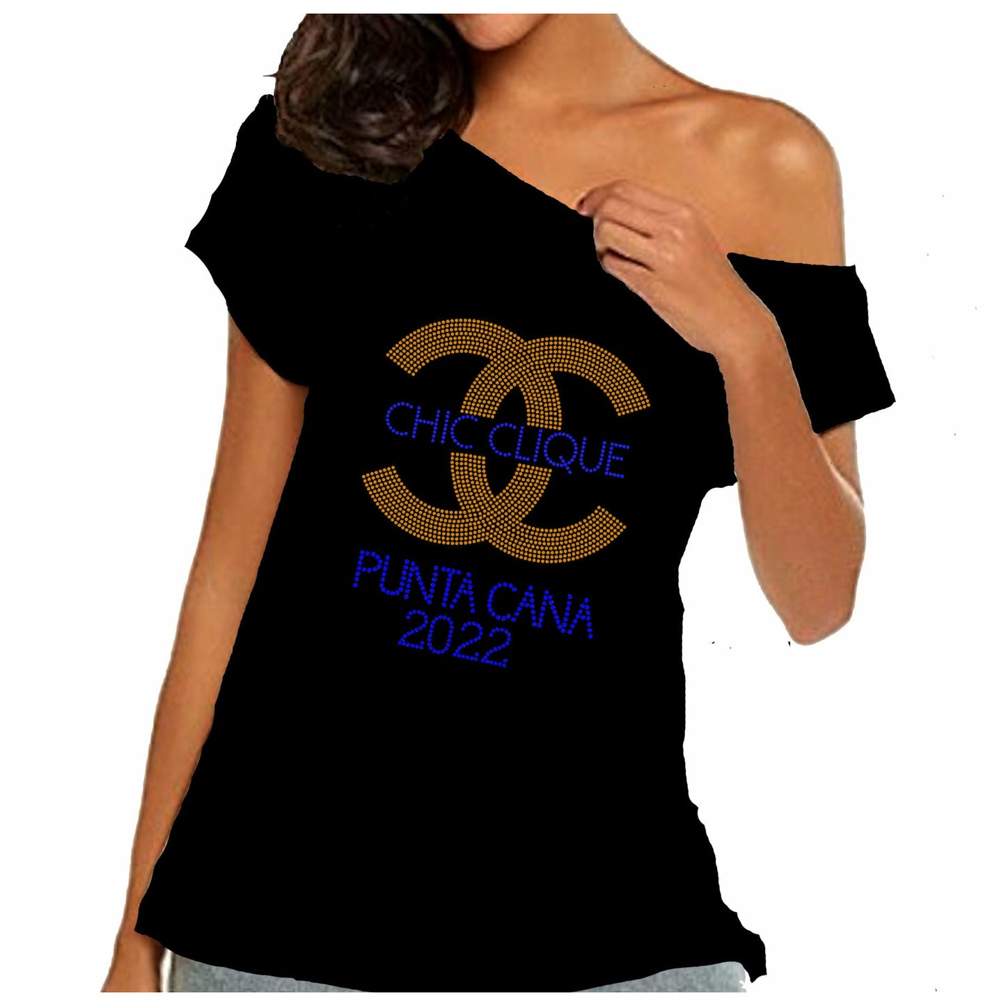 Chic Clique Rhinestone Personalized Off Shoulder Tee