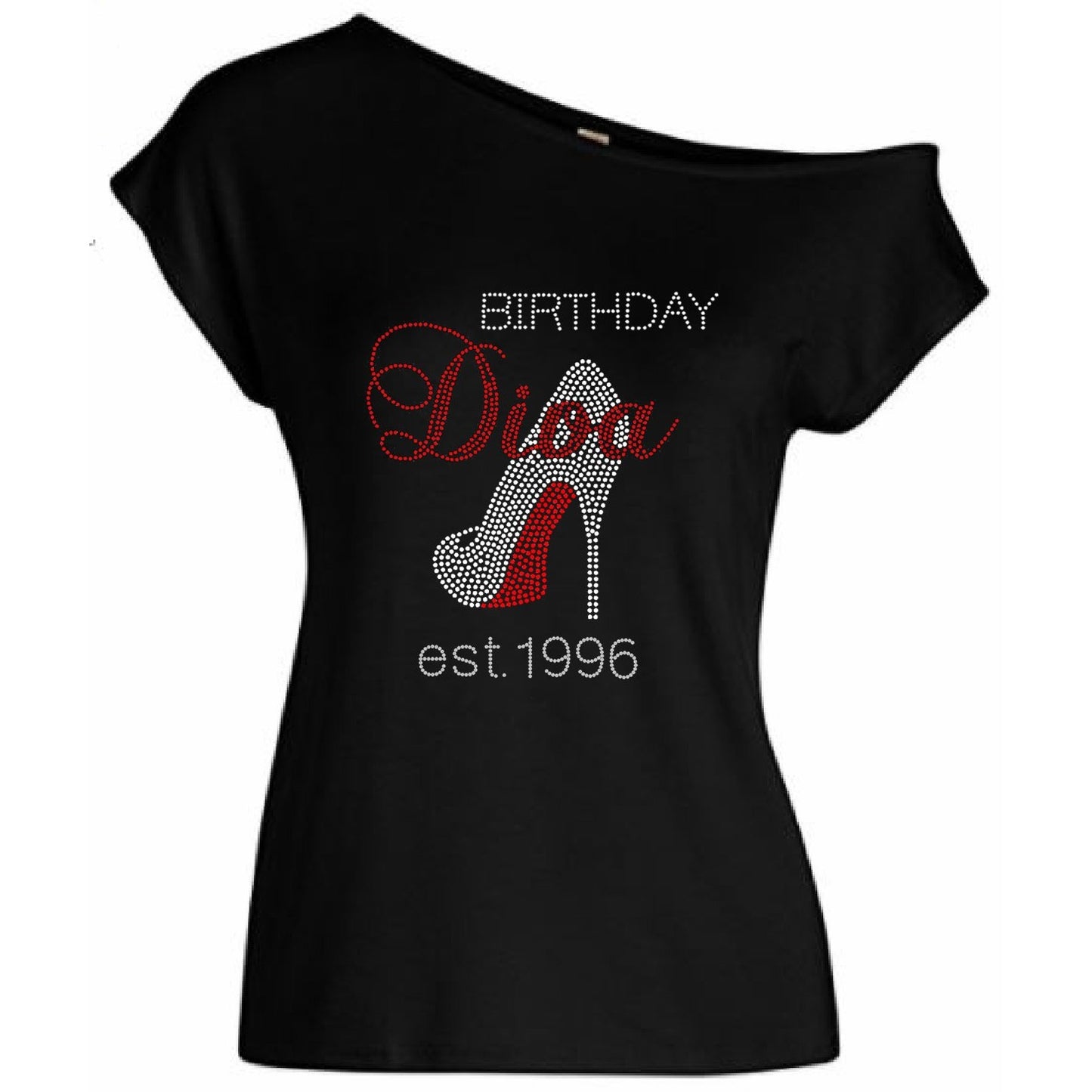 Birthday Diva Personalized Est. Date Rhinestone Off Shoulder T-Shirt