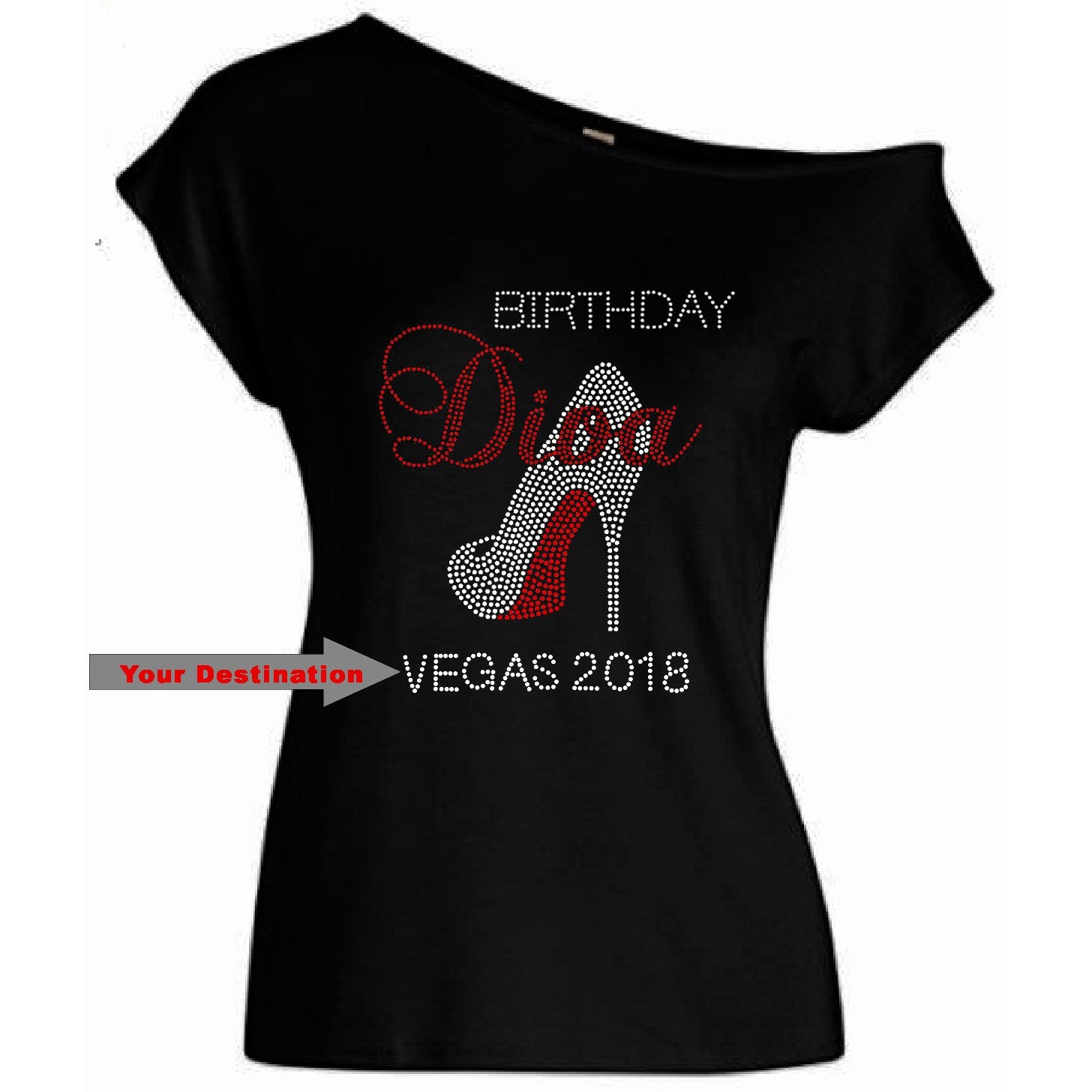 Birthday Diva Personalized City Year Off Shoulder Rhinestone T-Shirt
