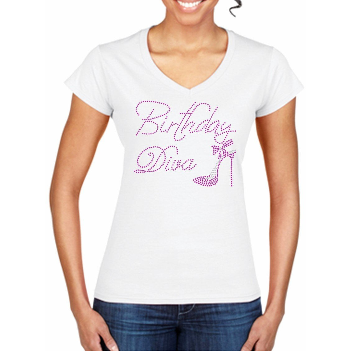 Birthday Diva Rhinestone White V-Neck T-Shirt