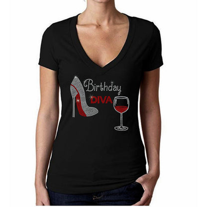 Birthday Diva Rhinestone Wine Stiletto Shoe T Shirt