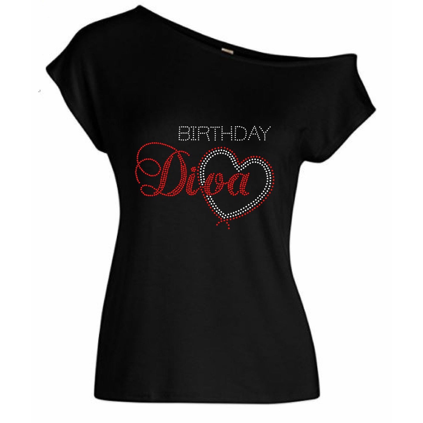 Birthday Diva With Heart Rhinestone Off Shoulder T-Shirt