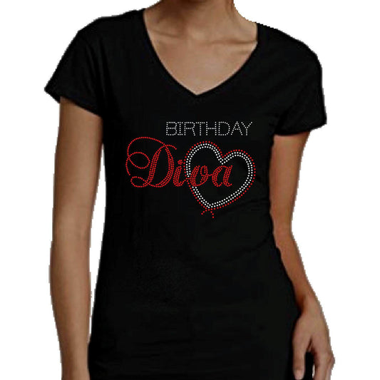 Birthday Diva With Heart Rhinestone T-Shirt