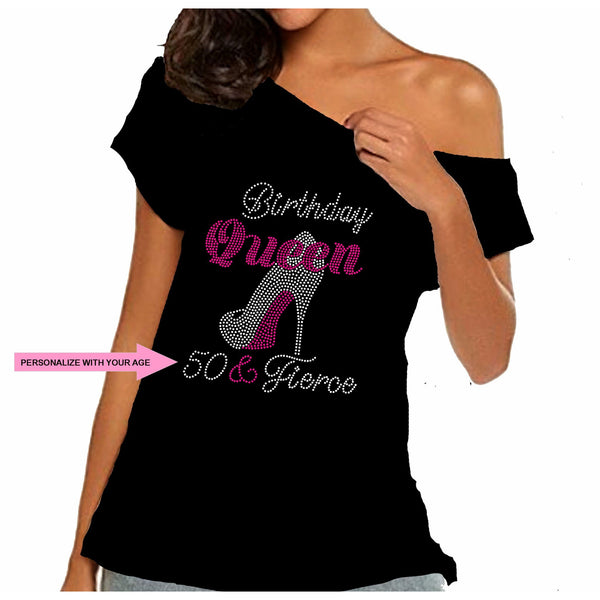 Fierce Birthday Queen Personalized Off Shoulder Tee