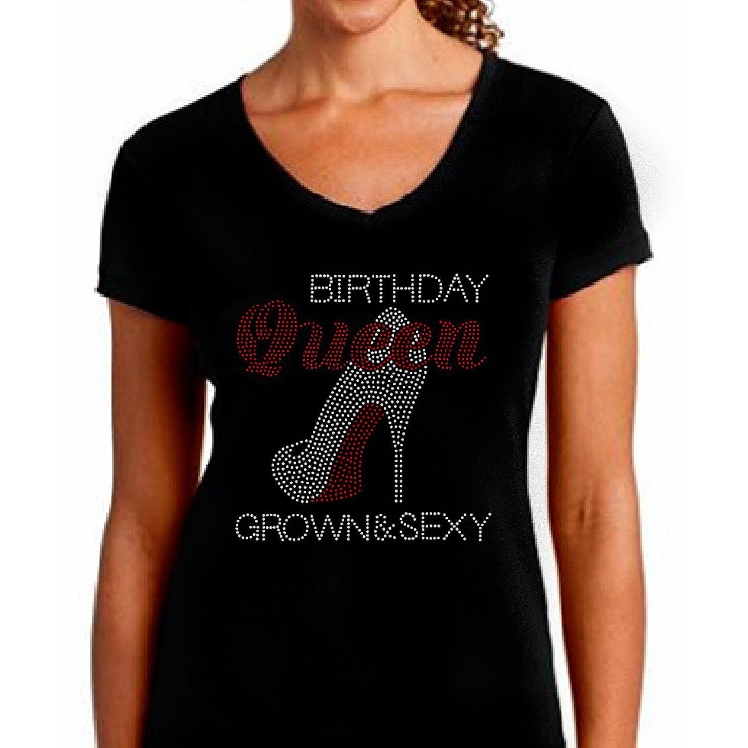 Birthday Queen Grown Sexy Rhinestone Stiletto Shoe V-Neck T-Shirt