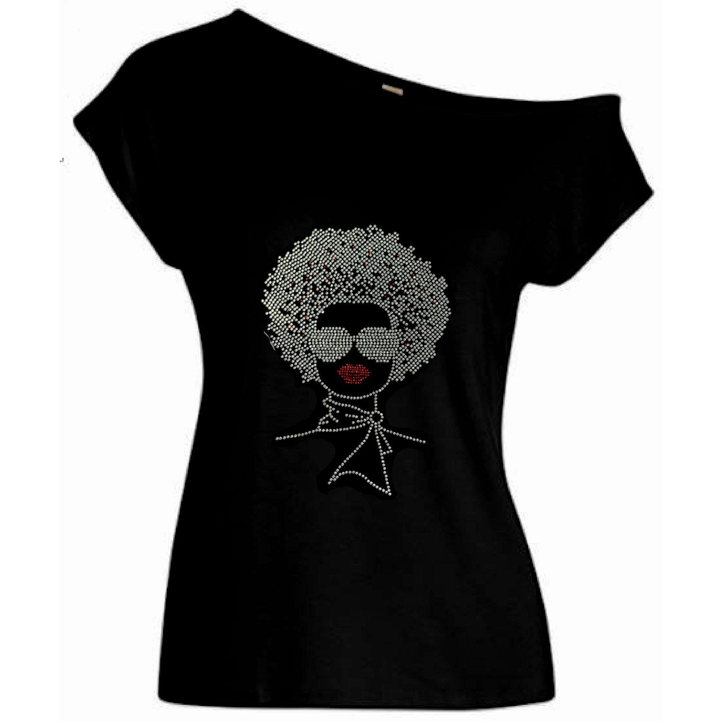 Coco Rhinestone Afro Hair Style Off Shoulder T Shirt