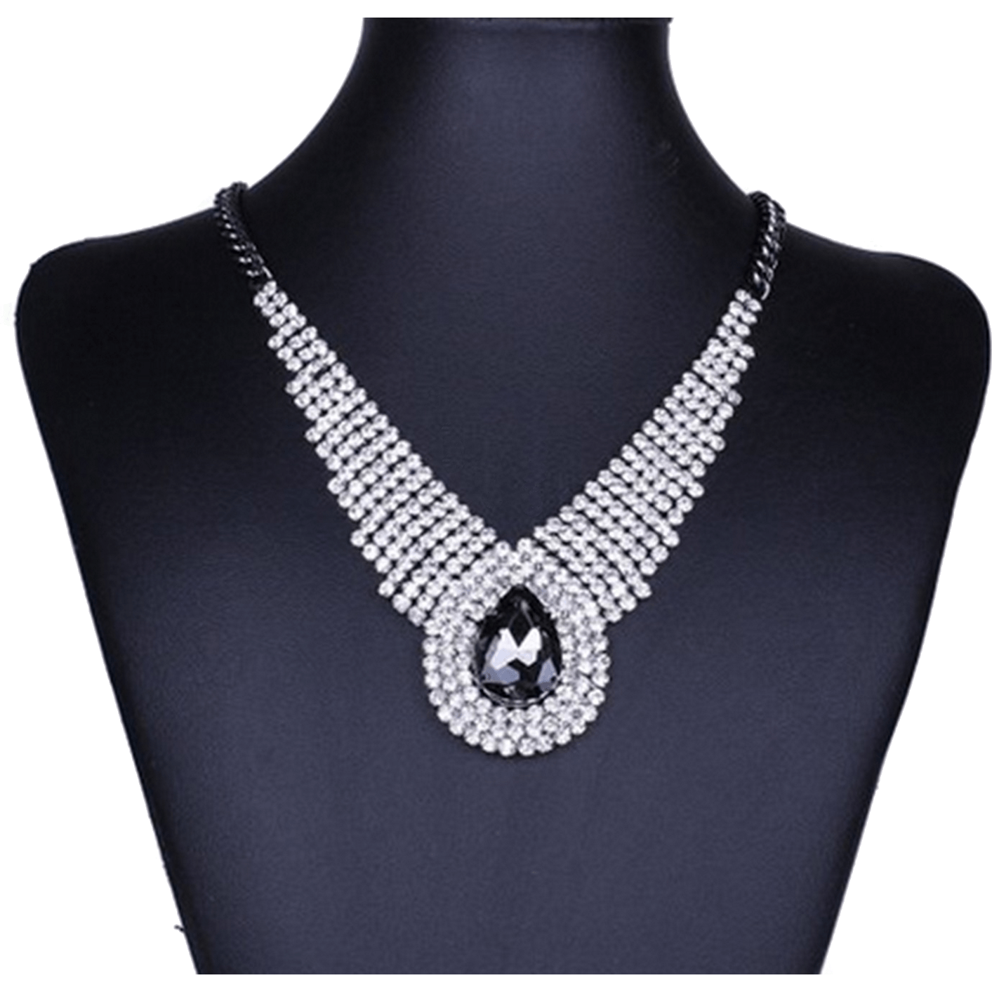Shimmering Rhinestone Black Diamond Teardrop Bib Necklace