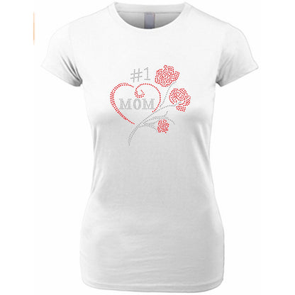 Number One Mom With Roses Rhinestone Tee
