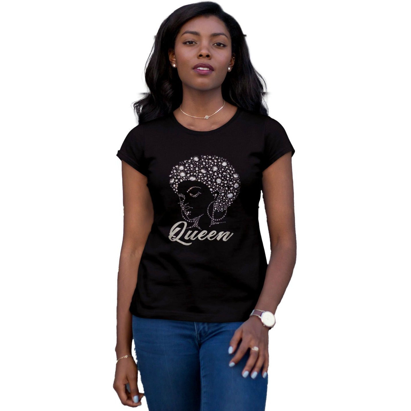 Queen Rhinestone Glitter Afro Girl T-Shirt