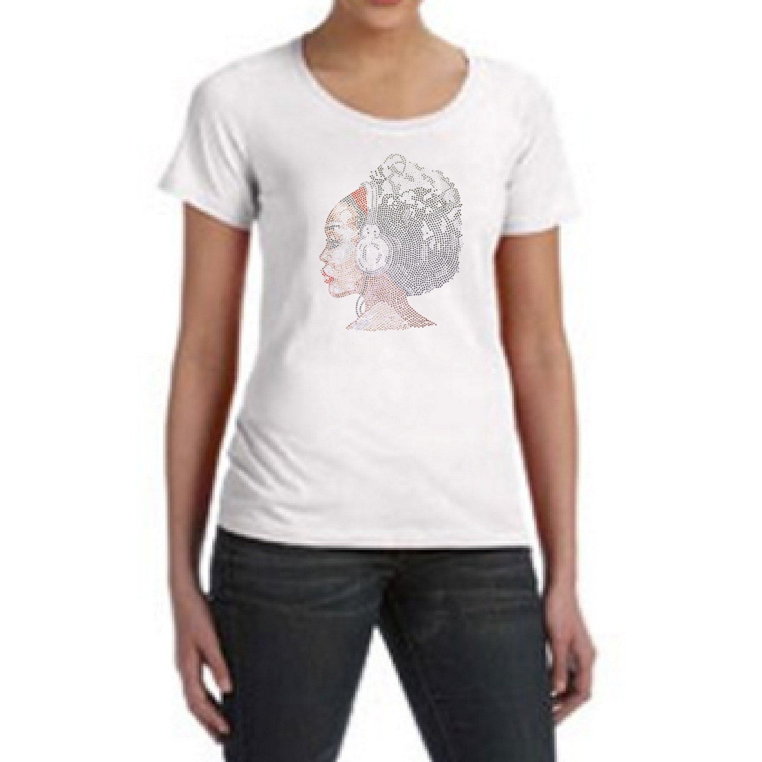 Rhinestone Afro Girl With Headphones Scoop Neck T-Shirt